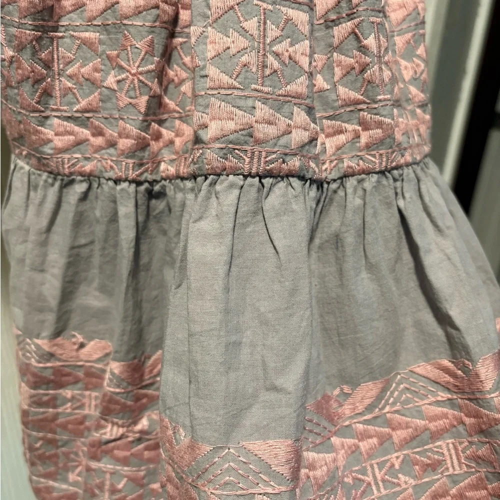 Greek Archaic Kori Embroidered 3/4 Flared Sleeve Dress in Pink and Grey. Size S - Picture 3 of 6